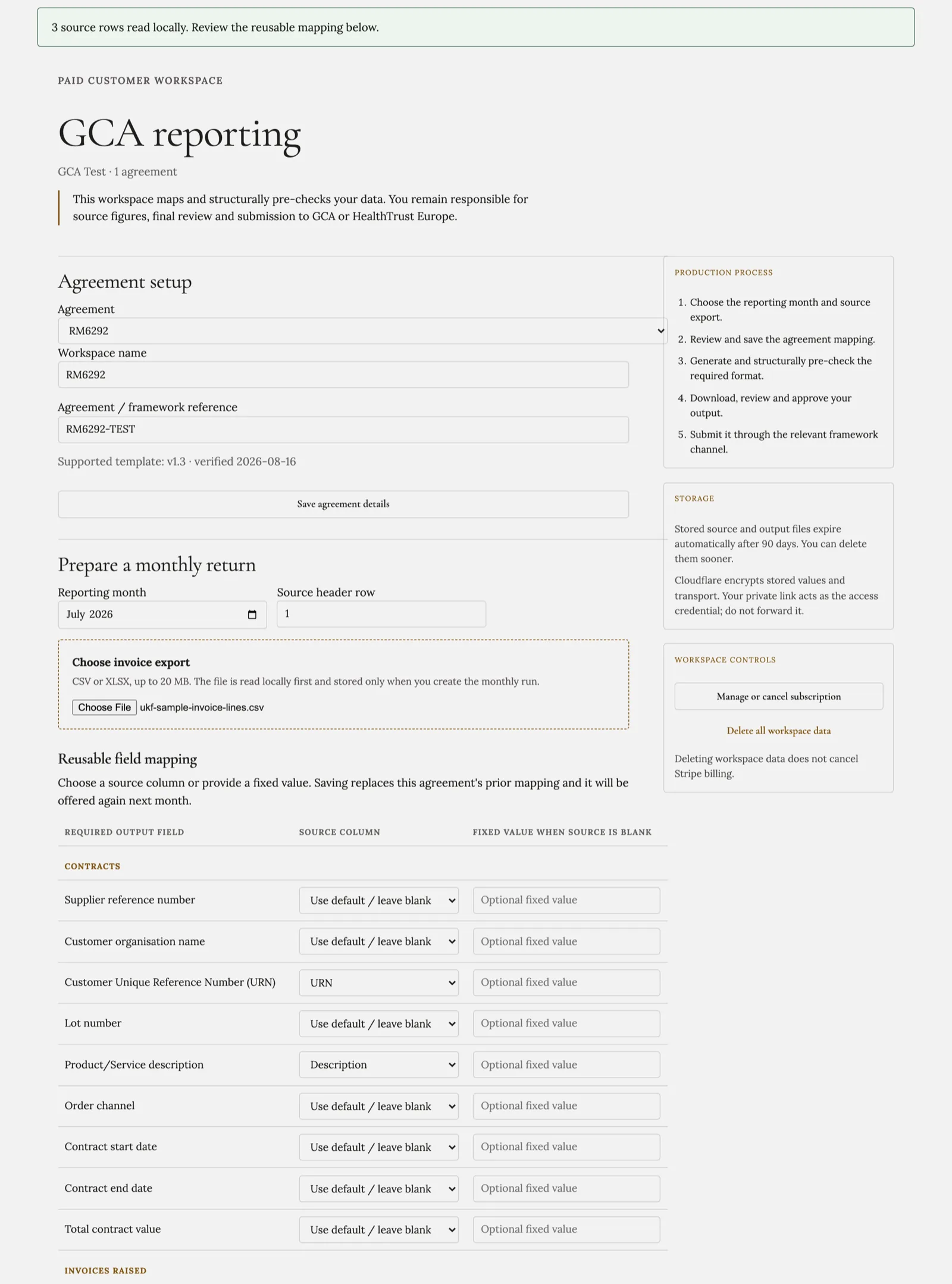 UK Filing customer workspace showing agreement setup, the reusable field-mapping table and the chosen invoice export